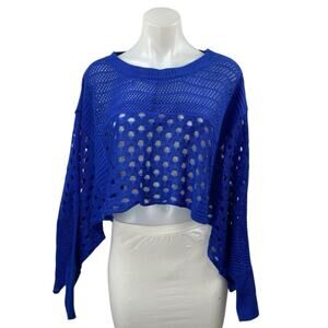 Yoki Women's Blue Crochet Open Knit Batwing Long Sleeve Cover Up Crop Top Size S